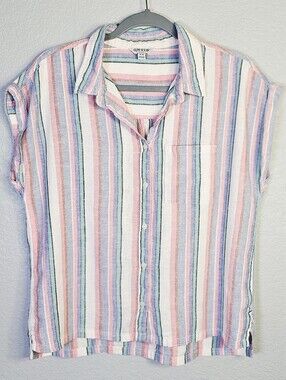 ORVIS Linen Rayon Pastel Stripe Button Front Shirt Medium Coastal